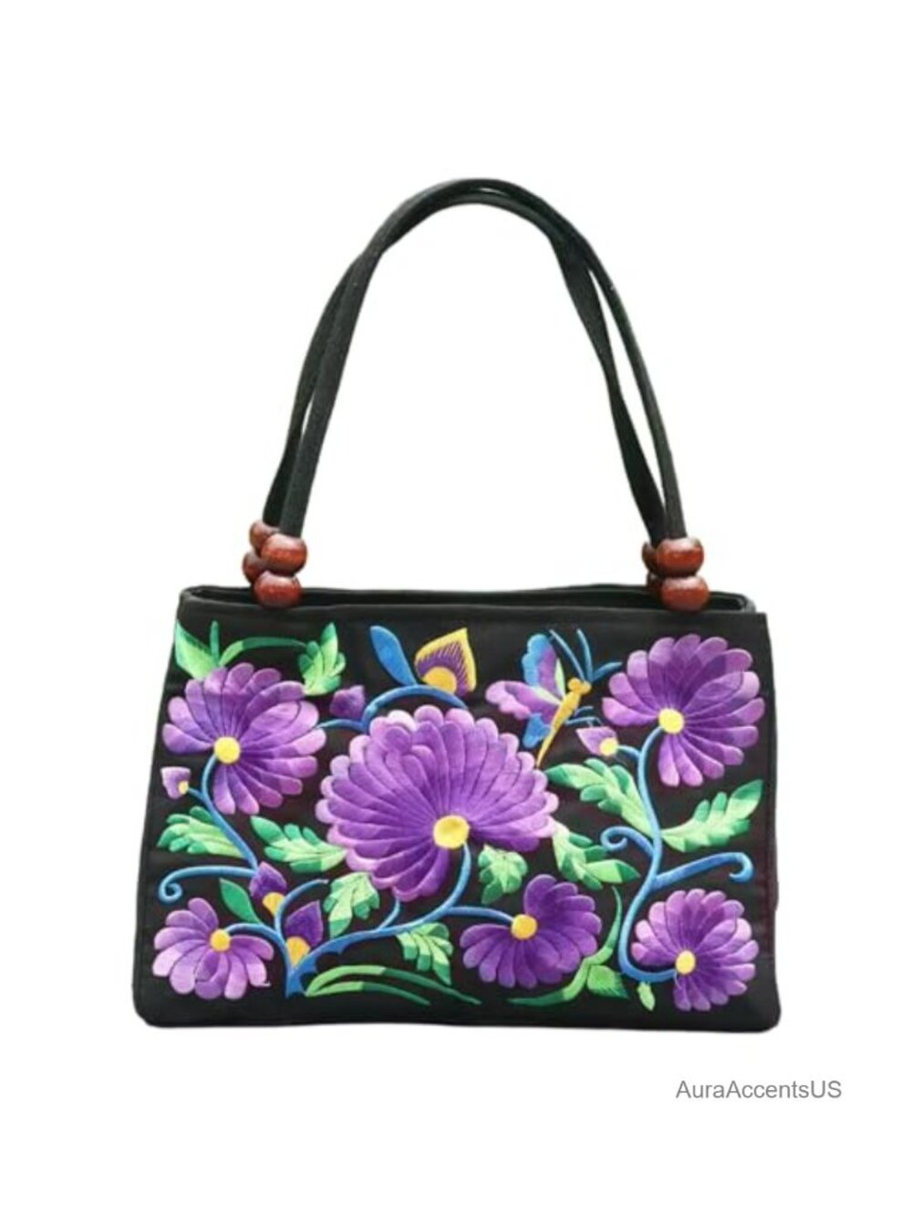 Canvas Embroidered Tote Bag with Wooden Bead Handles Small Purse